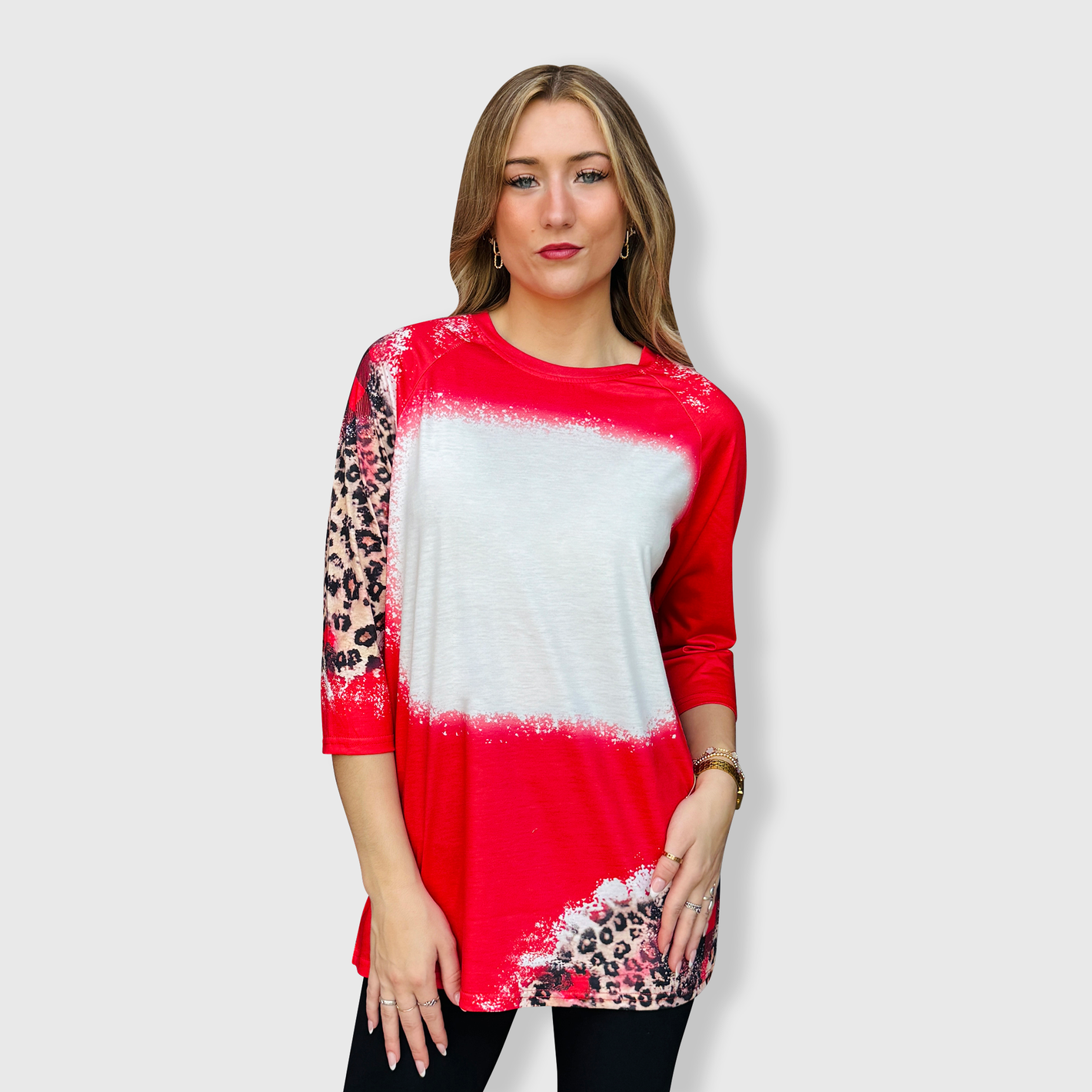 Christmas Red Plaid Cheetah Raglan Blank Faux Bleached Top