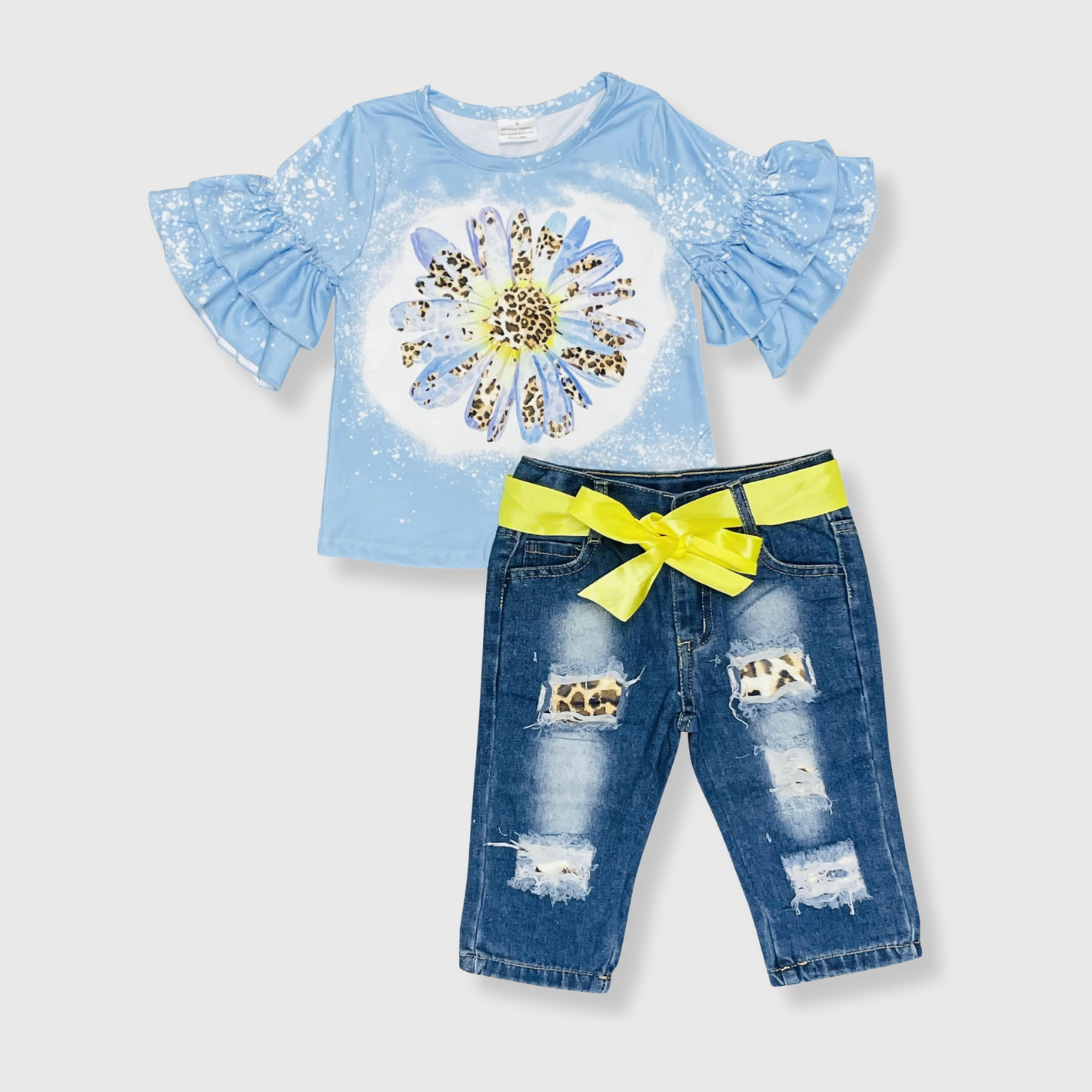 Daisy Bleached Denim Cheetah Capri Outfit Kids