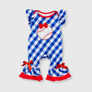 Baseball Blue Checkered Romper Kids