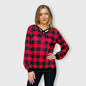 Crisscross V-Neck Red Plaid Top