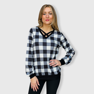 Crisscross V-Neck Black White Plaid Top