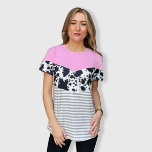 Color Block Pink Cow Striped Top