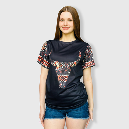 Steer Skull Aztec Black Top