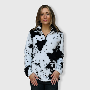 Cow Print Black White Sherpa Pullover Women