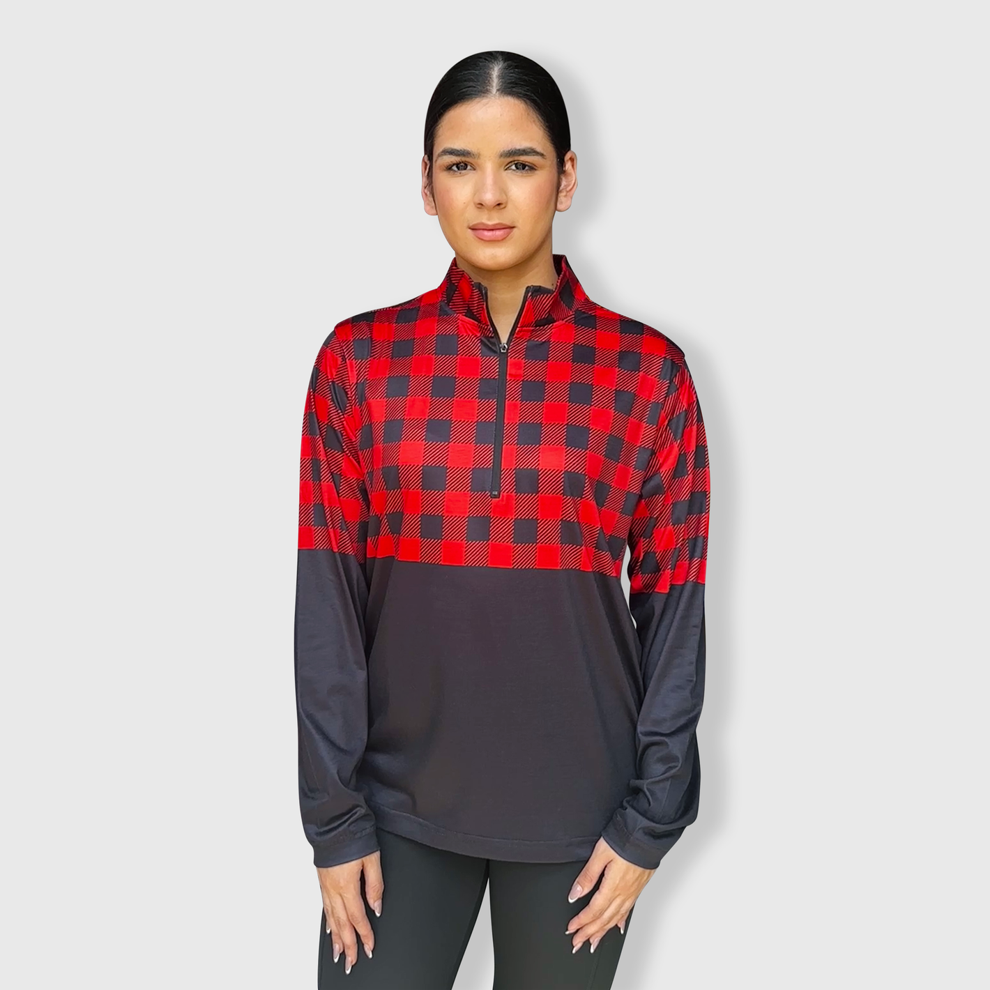 Buffalo Plaid Red Color Block Quarter Zip Top