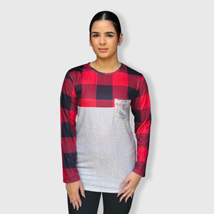 Color Block Gray Plaid Sequin Top