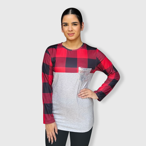 Color Block Gray Plaid Sequin Top