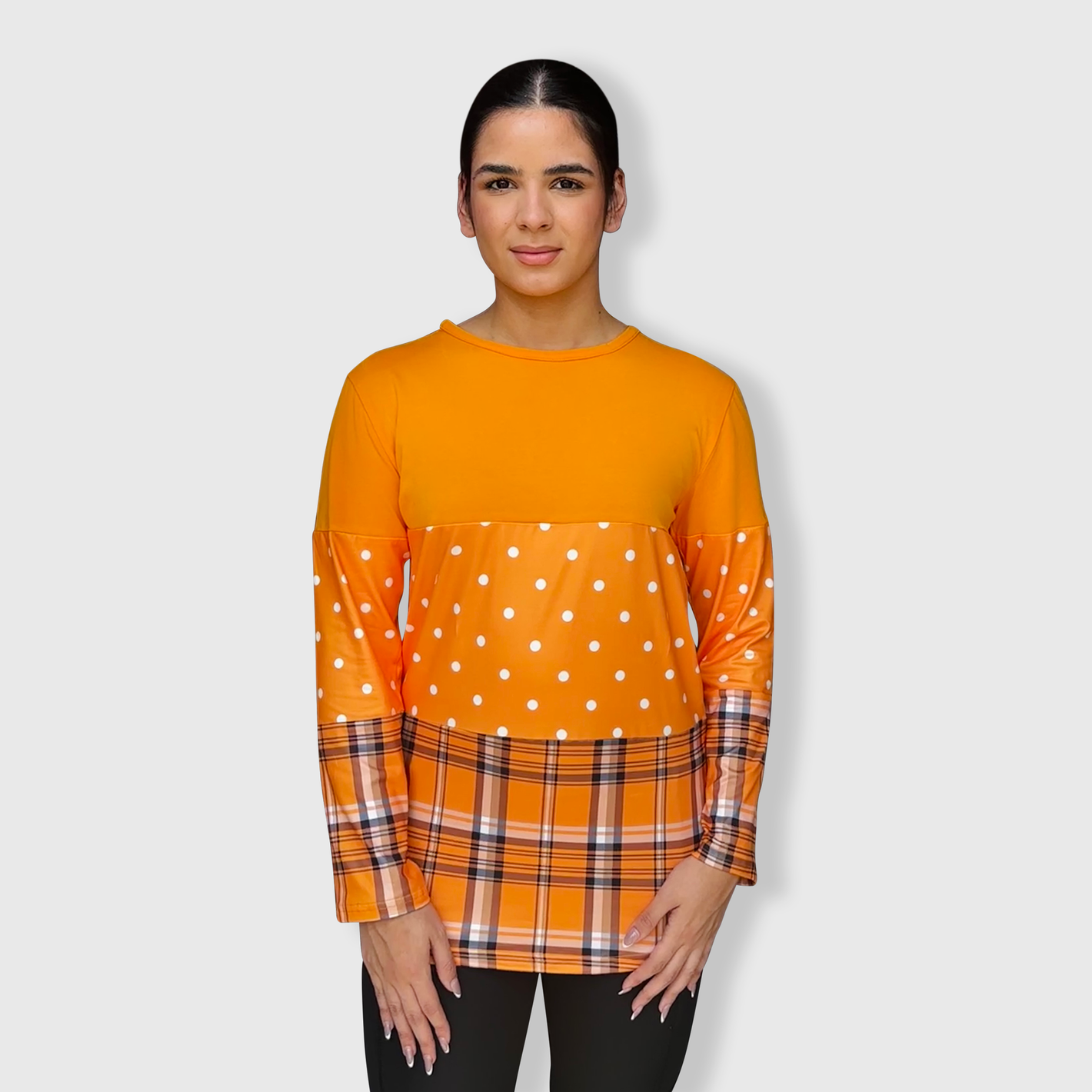 Color Block Orange Polka Dot Plaid Top