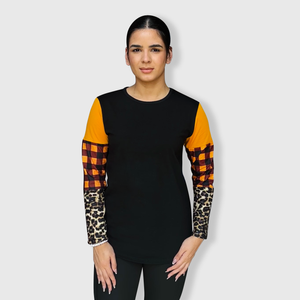 Color Block Cheetah Orange Plaid Top