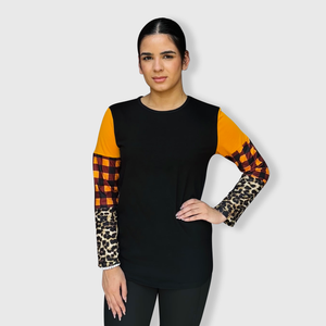 Color Block Cheetah Orange Plaid Top