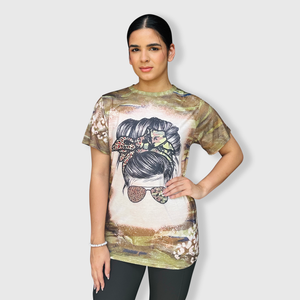 Camo Cheetah Mama Bun Faux Bleached Top