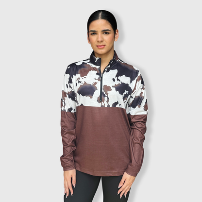 Cow Print Color Block Brown Quarter Zip Top