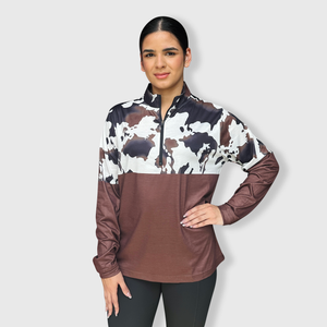 Cow Print Color Block Brown Quarter Zip Top