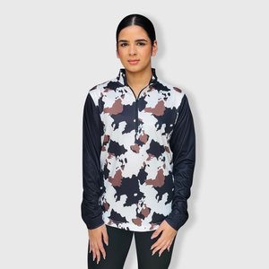 Cow Print Black Brown Quarter Zip Top