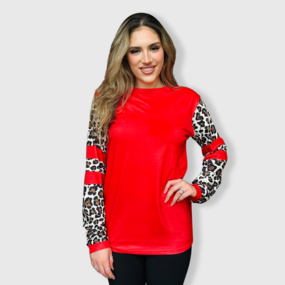 Cheetah Red Spliced Long Sleeve Top