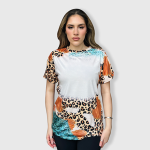 Cheetah Brown Turquoise Blank Faux Bleached Top