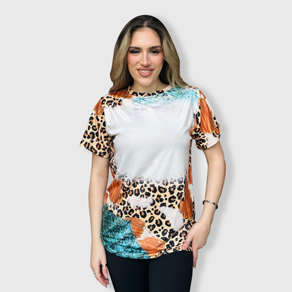 Cheetah Brown Turquoise Blank Faux Bleached Top