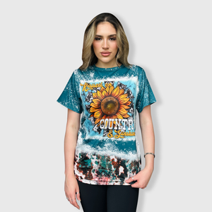 'Raised on Country & Sunshine' Teal Faux Bleached Top