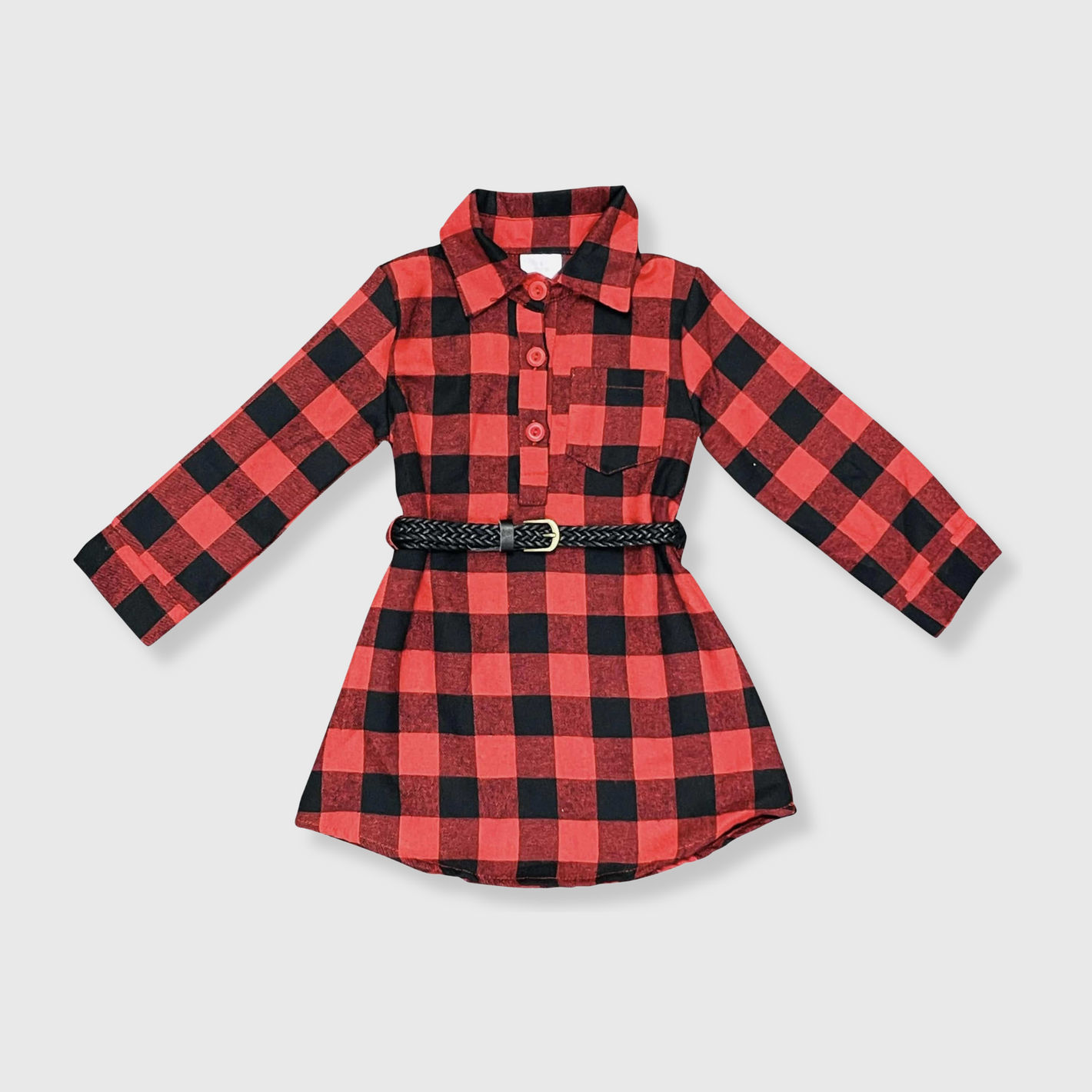 Red Plaid Belt Buckle Dress Kids