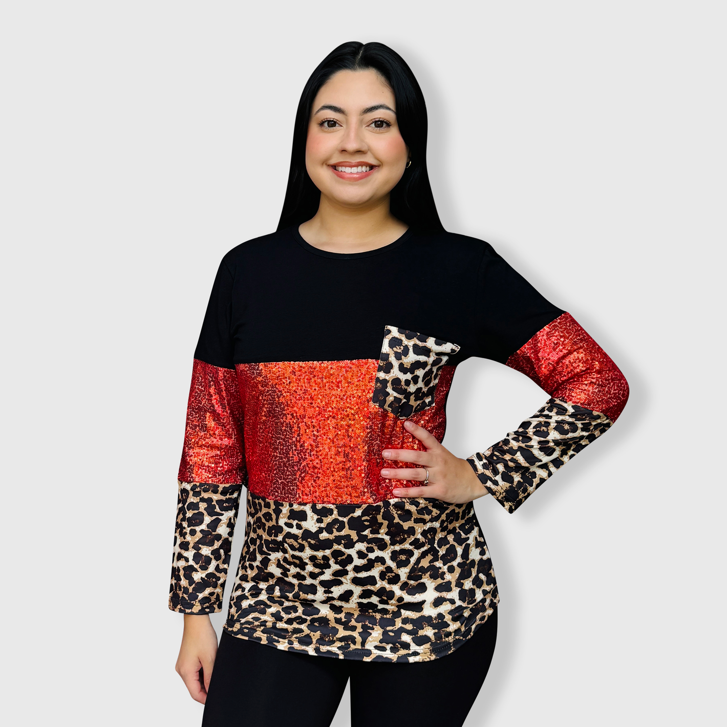 Color Block Black Cheetah Red Sequin Top