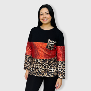 Color Block Black Cheetah Red Sequin Top