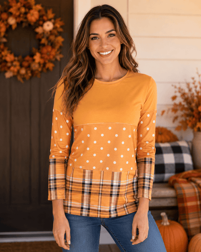 Color Block Orange Polka Dot Plaid Top