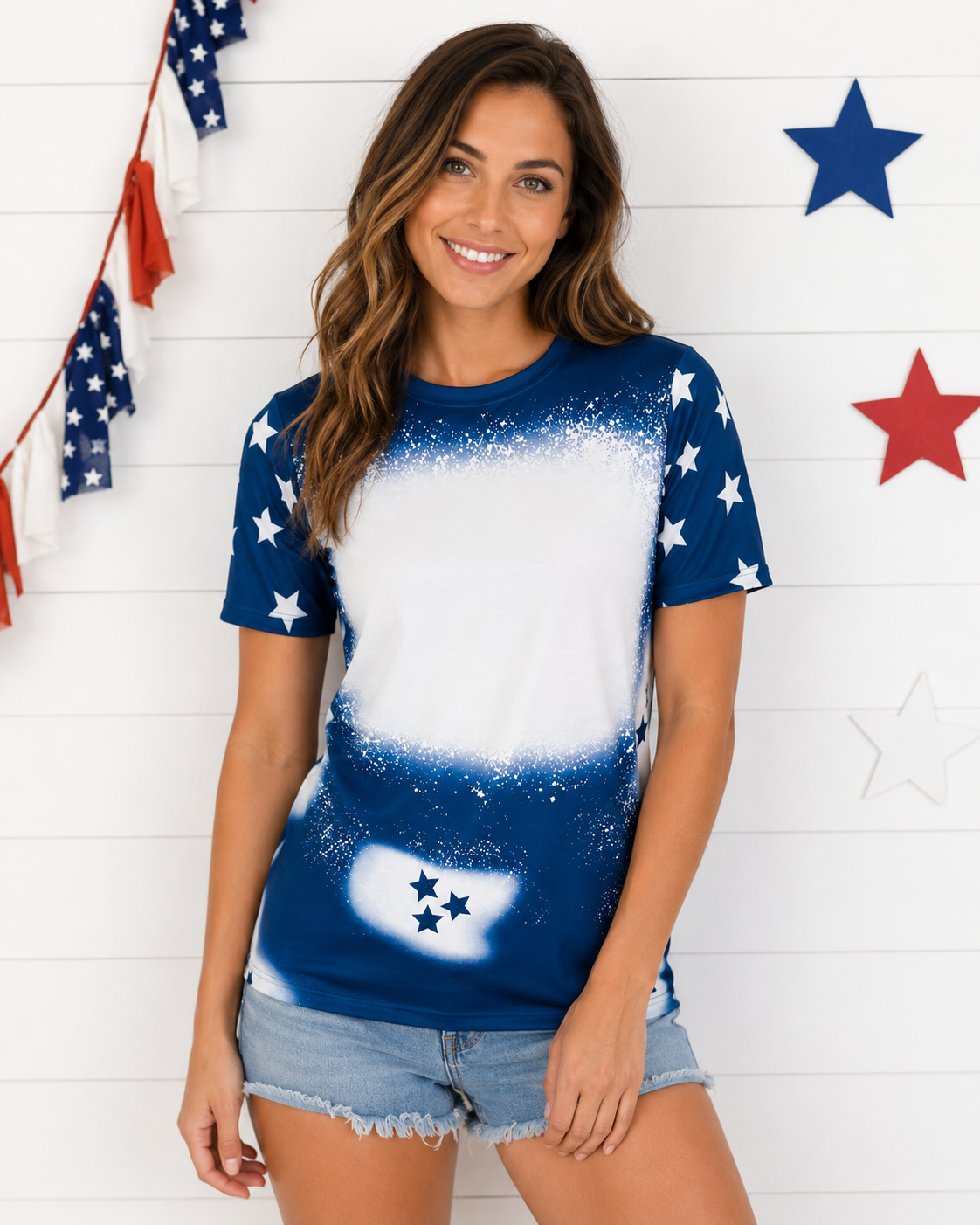 Fourth of July Stars Navy Blank Faux Bleached Top