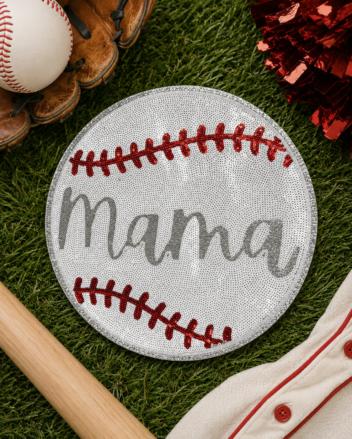 CP1220 - Silver Sequin Mama Baseball Patch