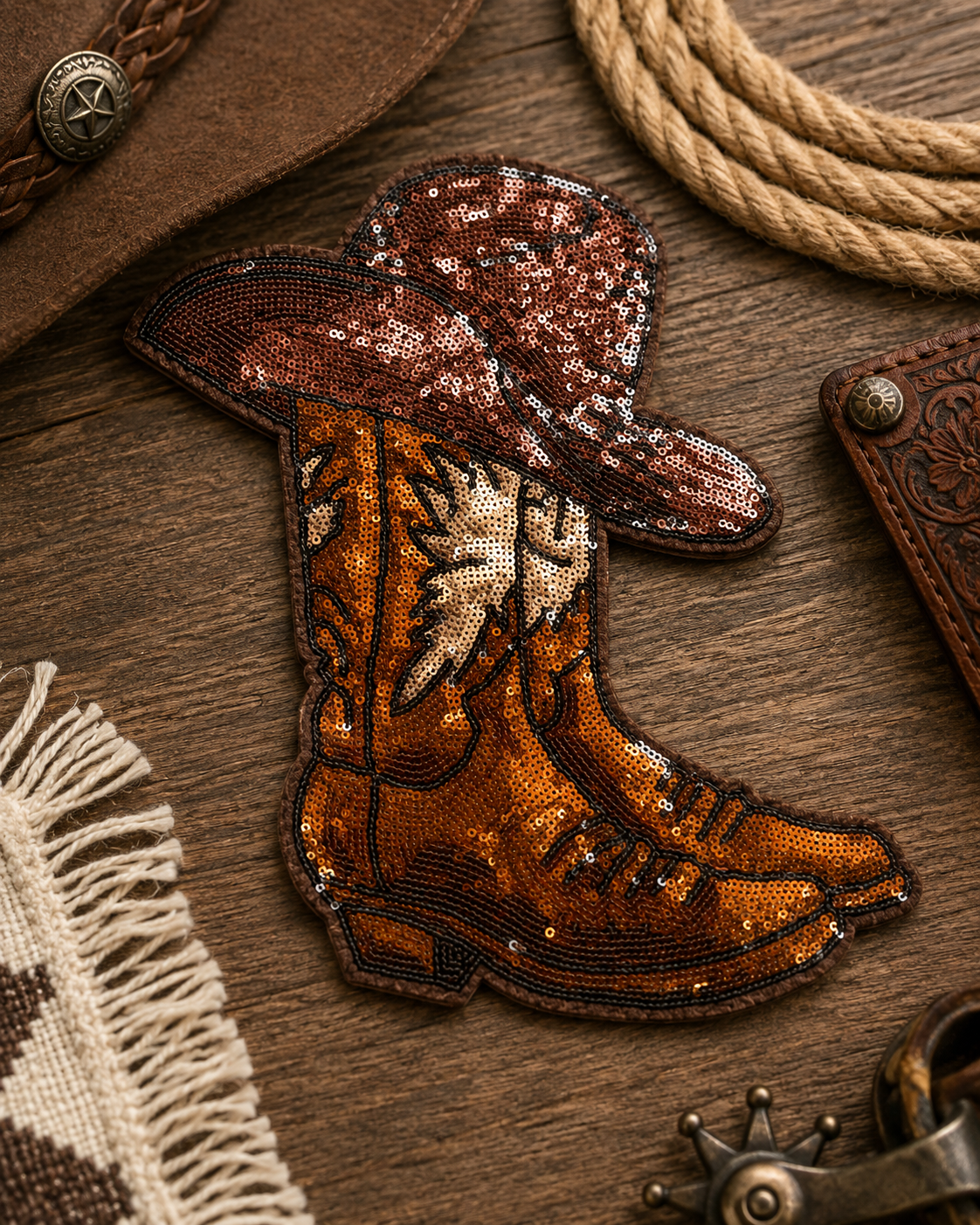 CP1218 - Brown Cowboy Boots & Hat Sequin Patch