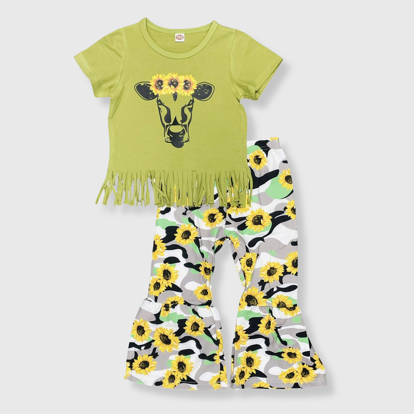 Sunflower Camo Cow Green Tassel Kids Outfit