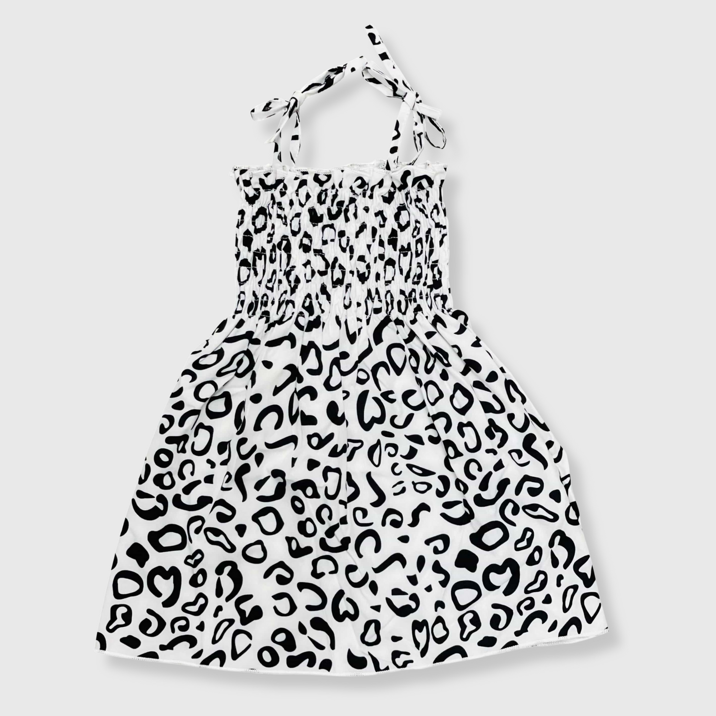 Girl's Ruched White Black Cheetah Sundress