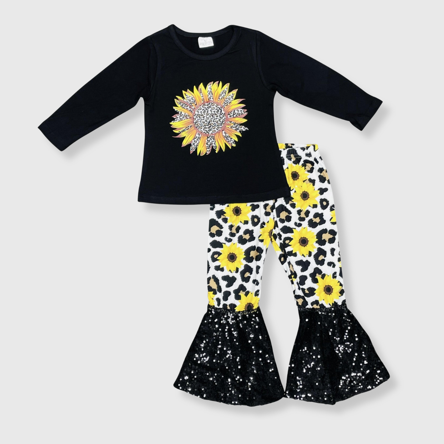 Sunflower Cheetah Black Sequin Bell Bottom Outfit Kids