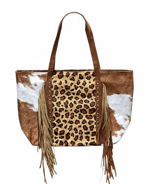 ILTEX Apparel Accessory Cheetah Brown Cow Tassel Fringe Bag