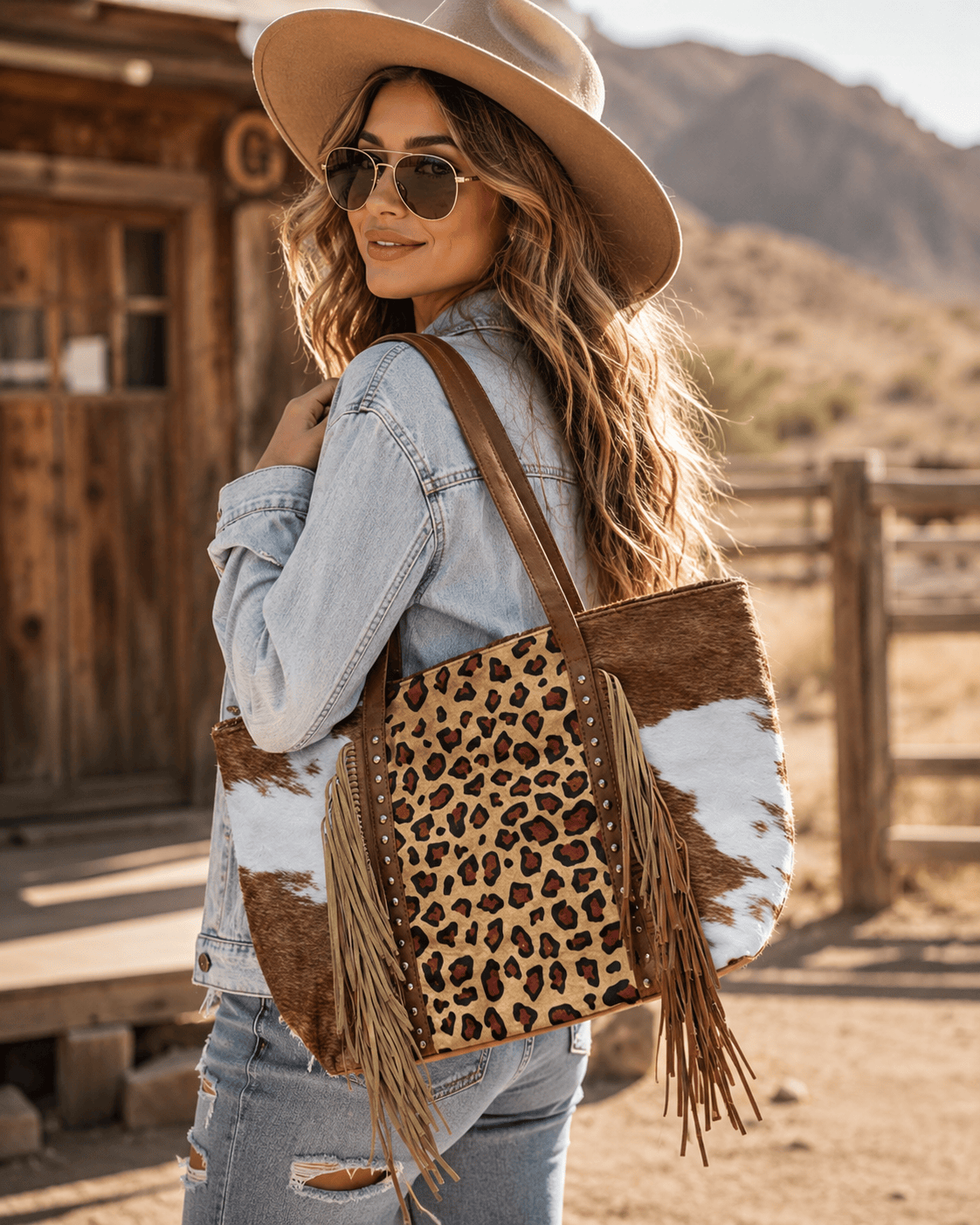 ILTEX Apparel Accessory Cheetah Brown Cow Tassel Fringe Bag