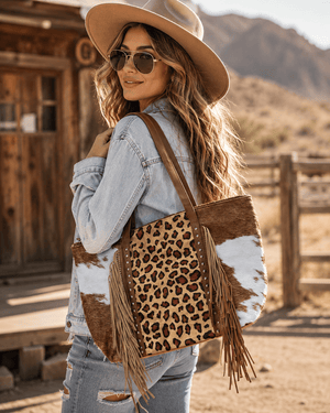 ILTEX Apparel Accessory Cheetah Brown Cow Tassel Fringe Bag