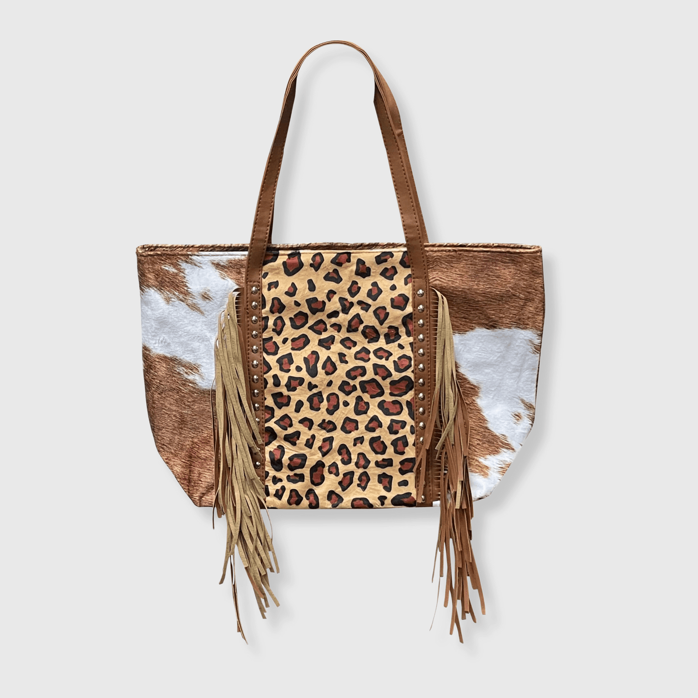 ILTEX Apparel Accessory Cheetah Brown Cow Tassel Fringe Bag