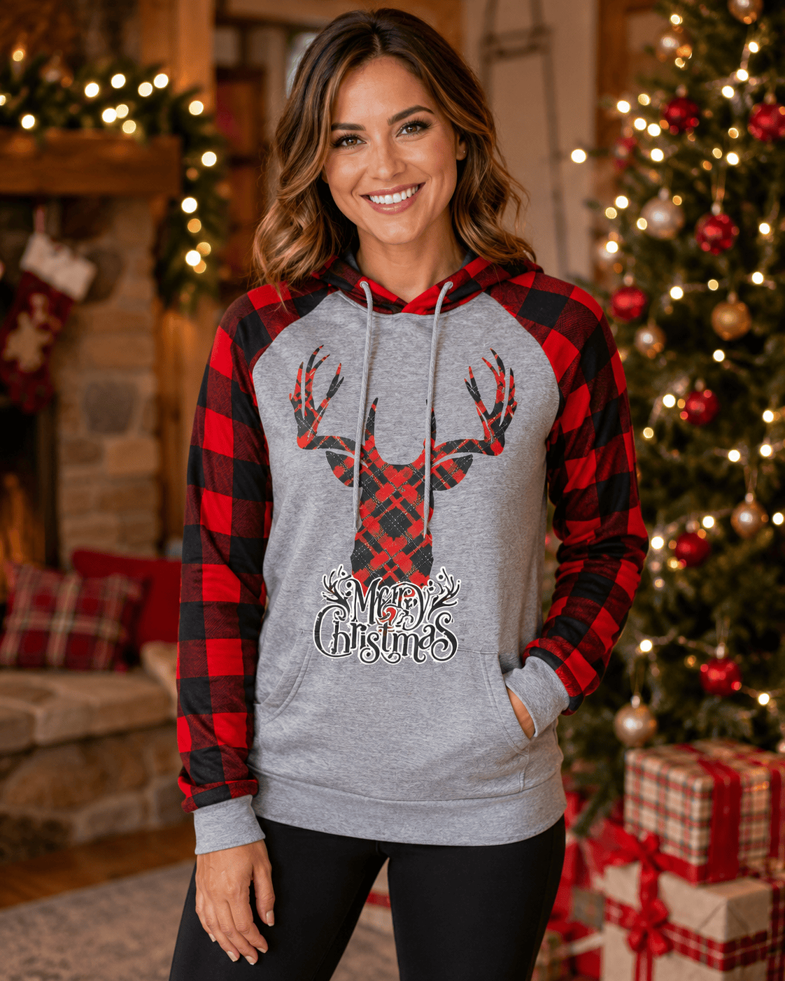 ILTEX Apparel Adult Clothing Buffalo Plaid 'Merry Christmas' Raglan Hoodie