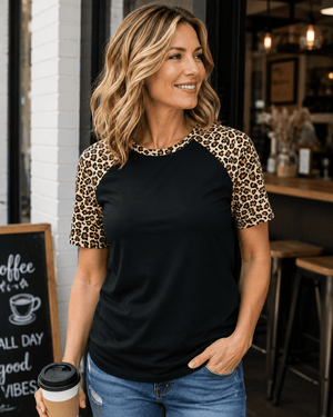 ILTEX Apparel Adult Clothing Cheetah Animal Print Short Sleeve Black Top