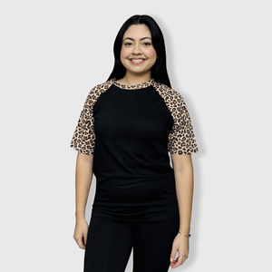 ILTEX Apparel Adult Clothing Cheetah Animal Print Short Sleeve Black Top