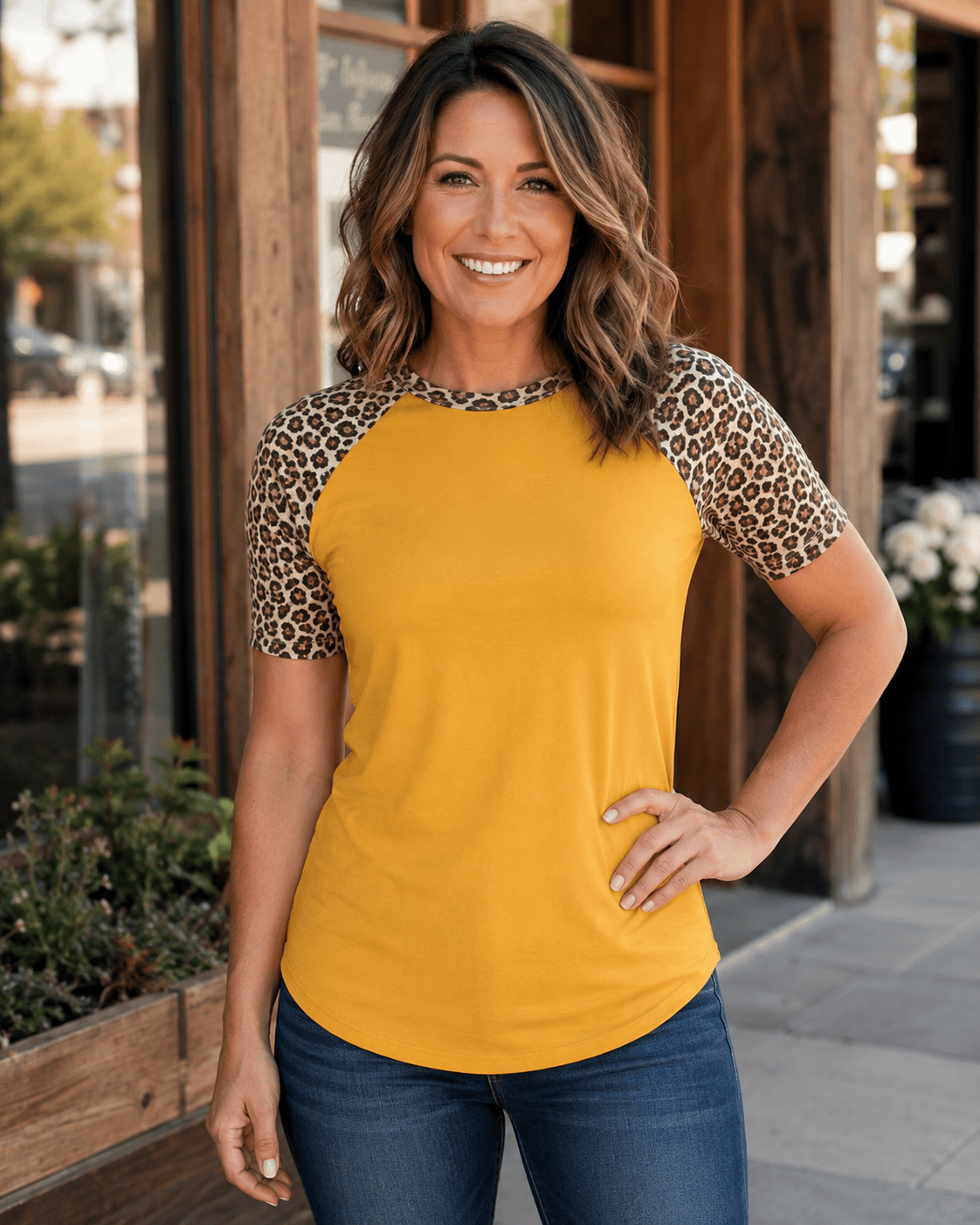 ILTEX Apparel Adult Clothing Cheetah Animal Print Short Sleeve Gold Top