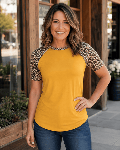 ILTEX Apparel Adult Clothing Cheetah Animal Print Short Sleeve Gold Top