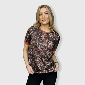 ILTEX Apparel Adult Clothing Cheetah Dark Rust Short Sleeve Top