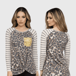 ILTEX Apparel Adult Clothing Cheetah Faded Stripe Knot Sequin Top