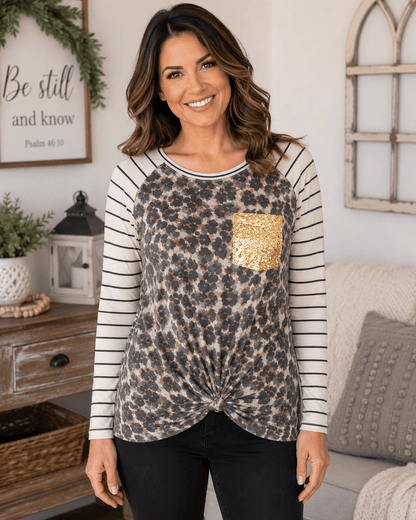 ILTEX Apparel Adult Clothing Cheetah Faded Stripe Knot Sequin Top