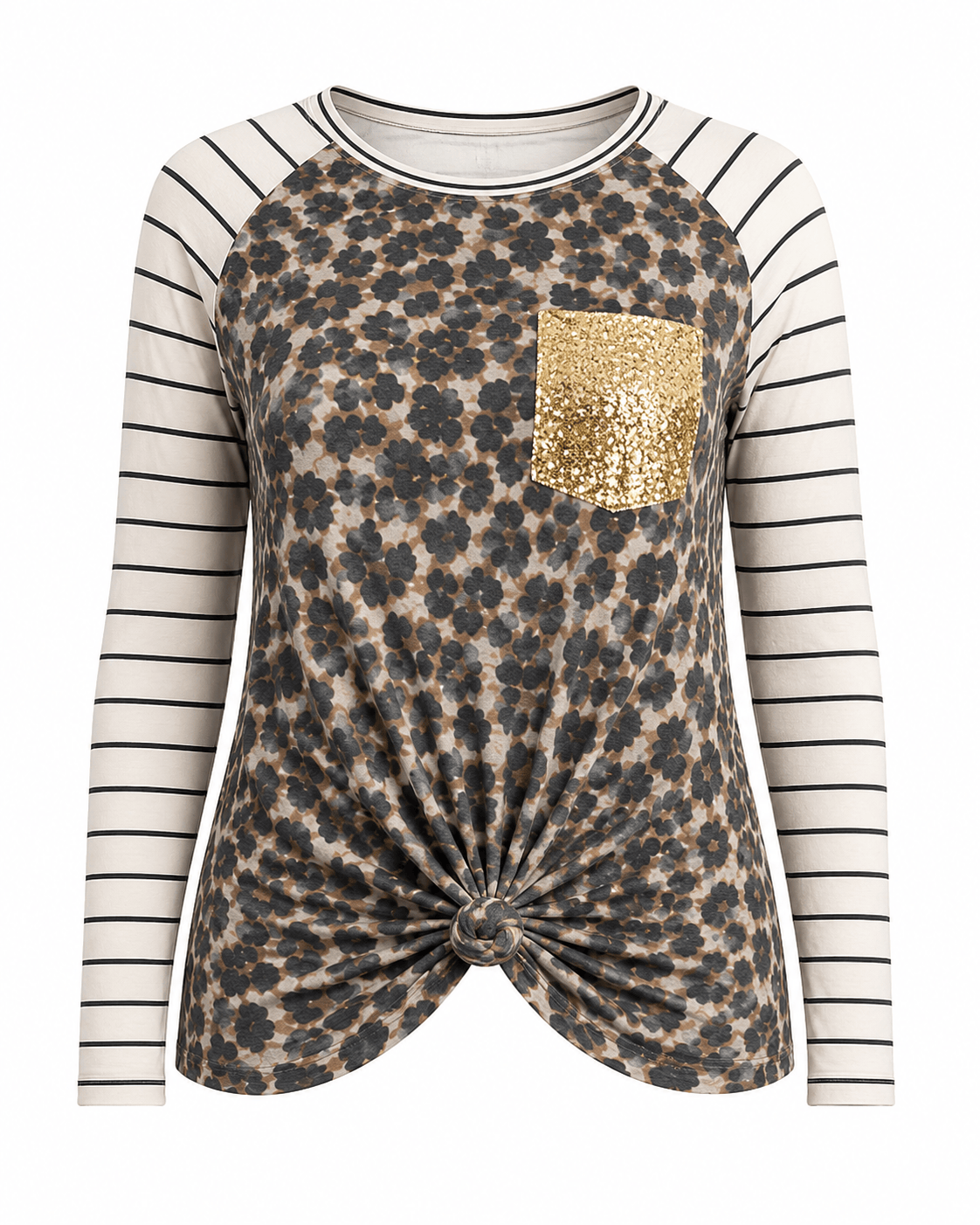 ILTEX Apparel Adult Clothing Cheetah Faded Stripe Knot Sequin Top
