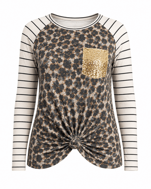 ILTEX Apparel Adult Clothing Cheetah Faded Stripe Knot Sequin Top