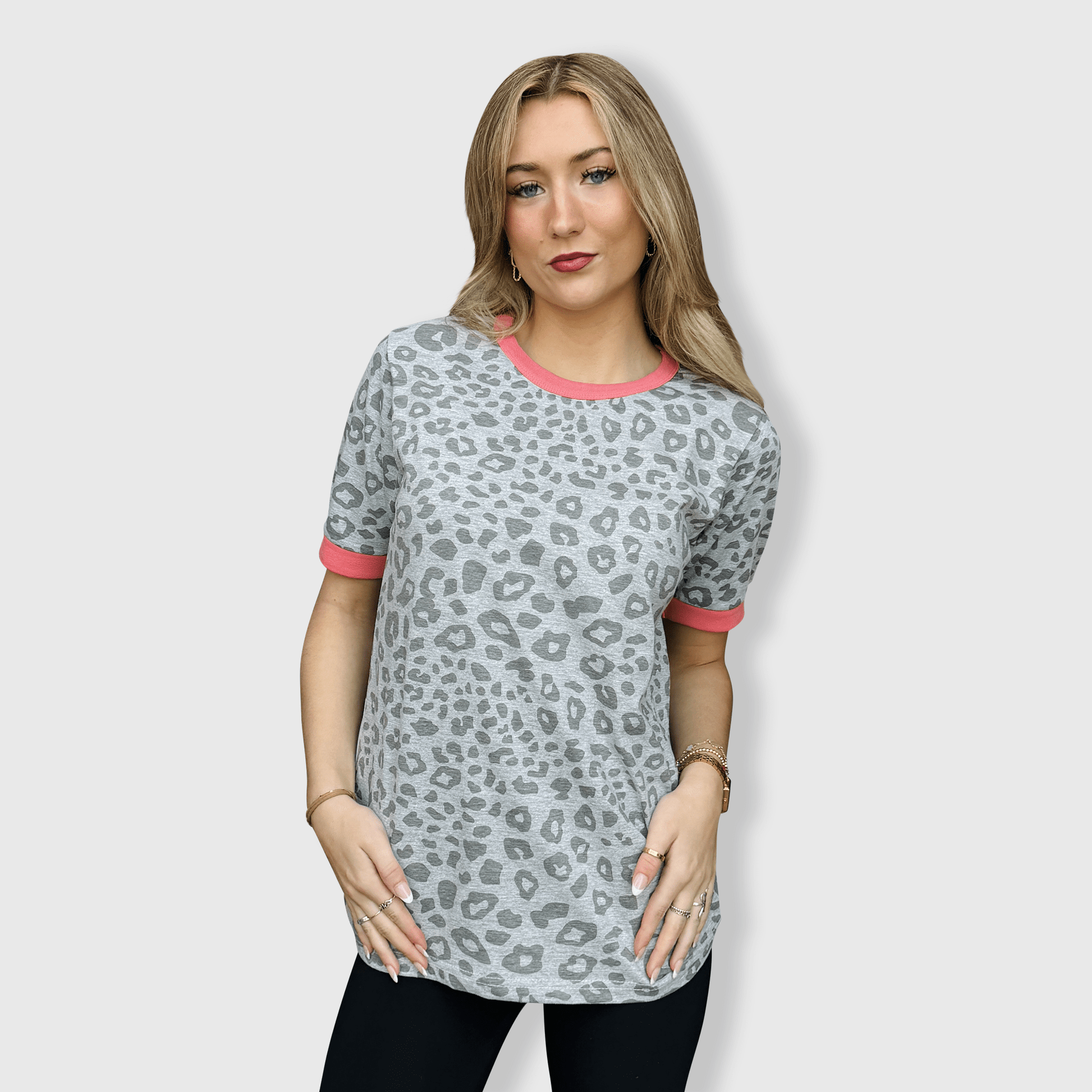 ILTEX Apparel Adult Clothing Cheetah Gray Coral Short Sleeve Top