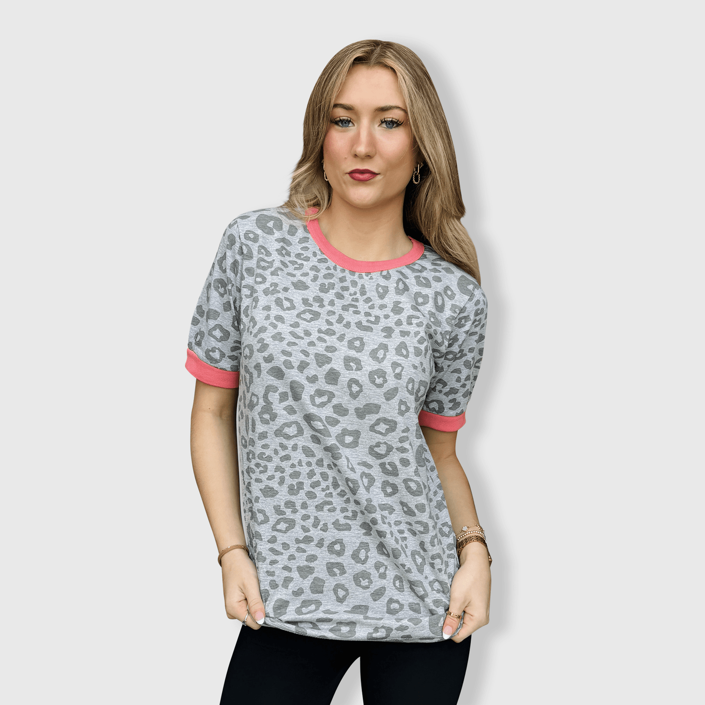 ILTEX Apparel Adult Clothing Cheetah Gray Coral Short Sleeve Top