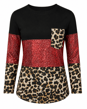 ILTEX Apparel Adult Clothing Color Block Black Cheetah Red Sequin Top
