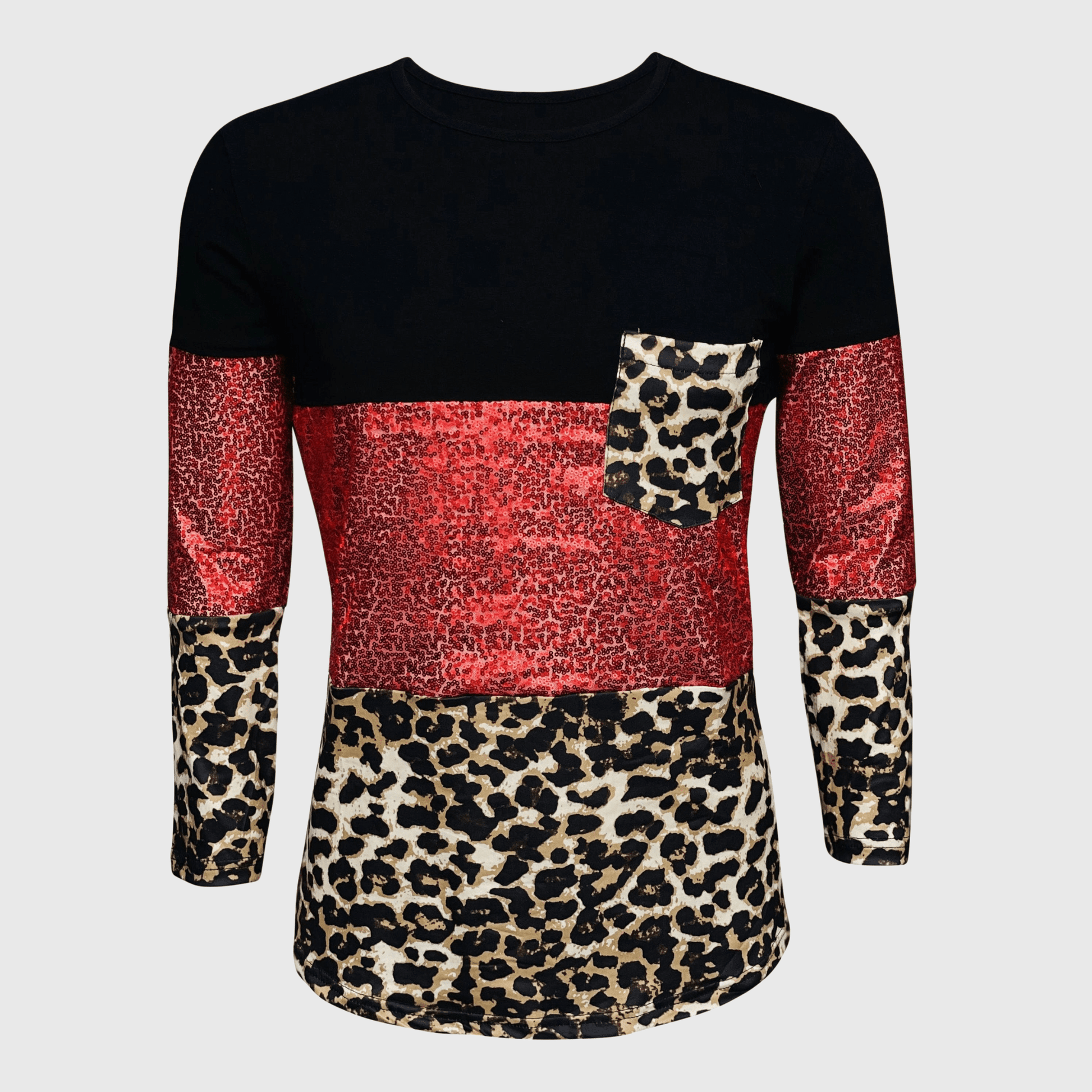 ILTEX Apparel Adult Clothing Color Block Black Cheetah Red Sequin Top